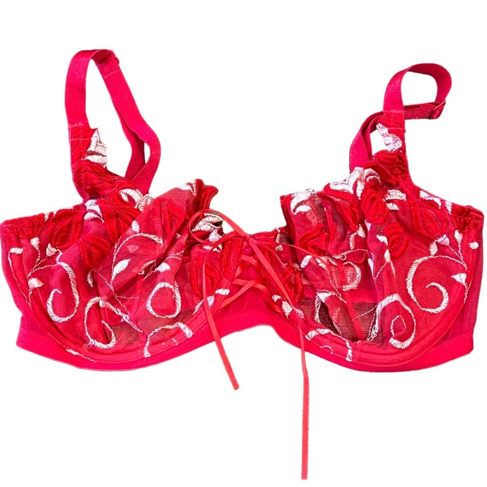Red & White Embroidered Underwire Bra Size 34D Nylon & Polyester